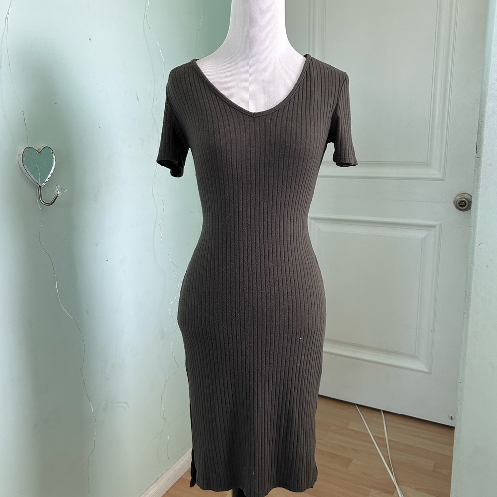 Army Green Ribbed Knit Bodycon T-Shirt Dress